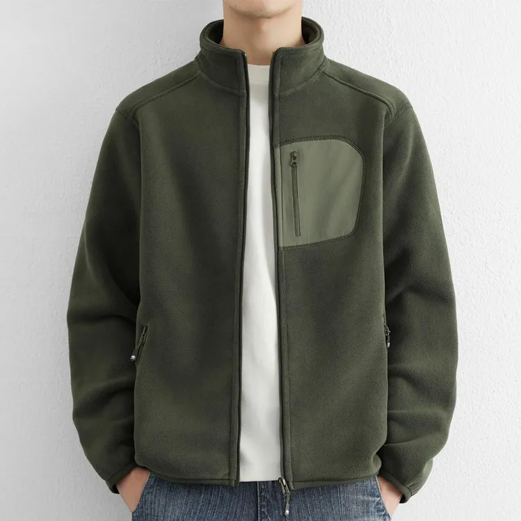 摇粒绒夹克男秋冬季美式宽松贴布立领绒感外套青少年抓绒开衫上衣