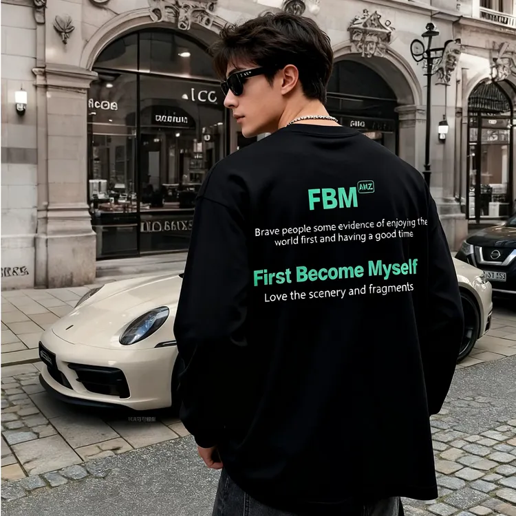 260克新款秋冬美式纯棉重磅长袖设计感字母印花圆领休闲长袖T恤