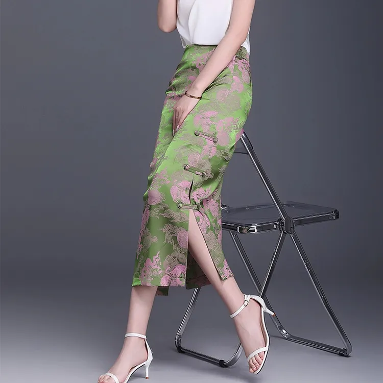 盘扣旗袍式提花包臀裙半身裙开叉一步裙女春夏2025透气新中式裙子