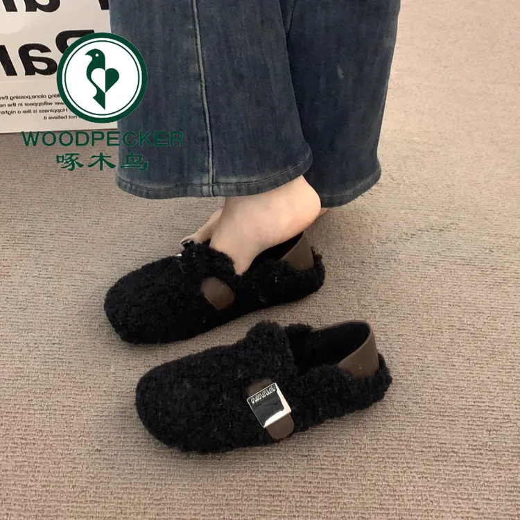 啄木鸟时髦外穿毛毛鞋女秋冬一脚蹬豆豆鞋踩脚软底勃肯鞋加绒棉鞋