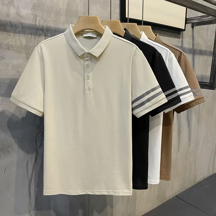 翻领短袖polo衫男士夏季两道杆薄款T恤百搭半袖上衣服条纹体恤潮