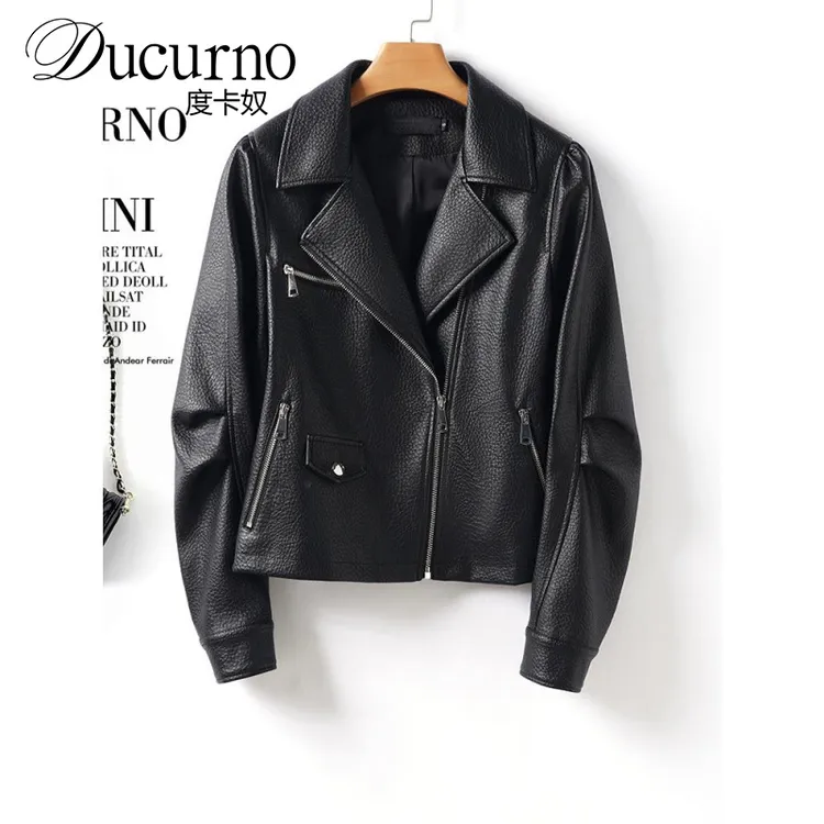 鹅卵石皮夹克女短2025秋季摩托车夹克小翻领夹克百搭时尚休闲