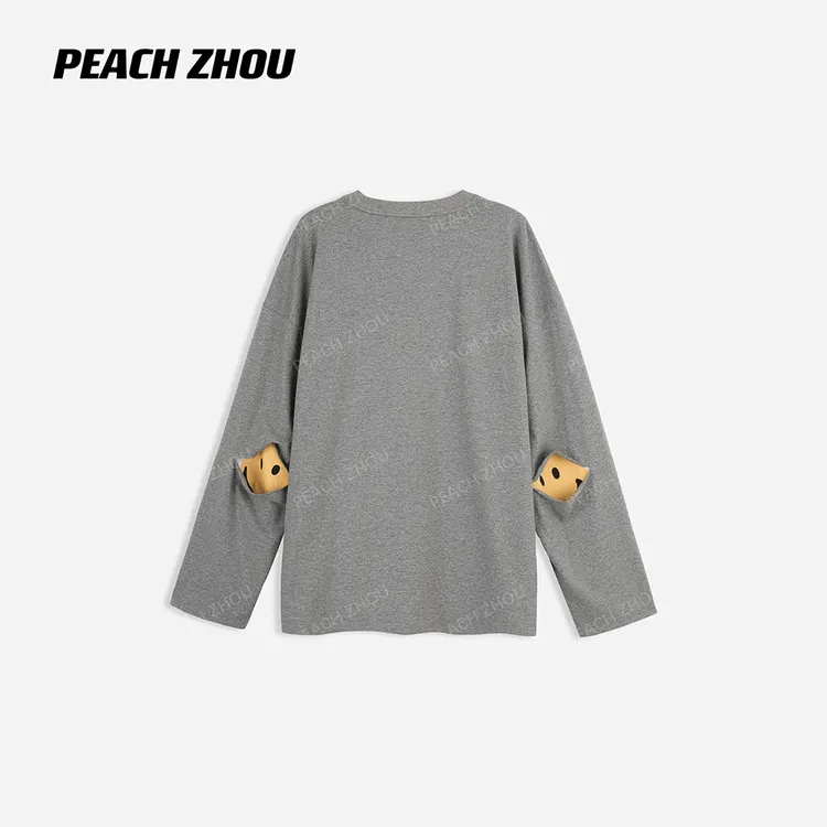 『PEACHZHOU』100棉手袖割破笑脸印花宽松圆领长袖纯色休闲减龄T恤