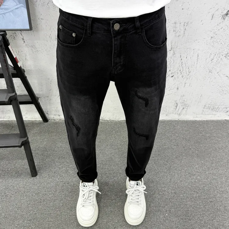 黑灰色破洞刮烂牛仔裤男轻奢潮牌秋冬复古百搭美式休闲修身小脚裤