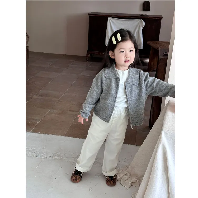 壹妈韩版童装女童秋装套装洋气儿童灰色针织拉链外套休闲裤两件套