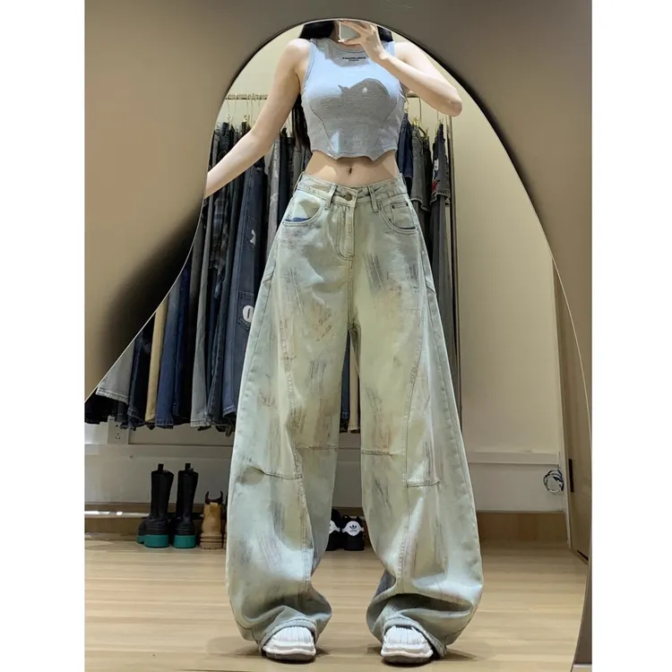 【送挂绳】高街脏染做旧解构弯刀牛仔裤女秋季新款废土风宽松阔腿裤