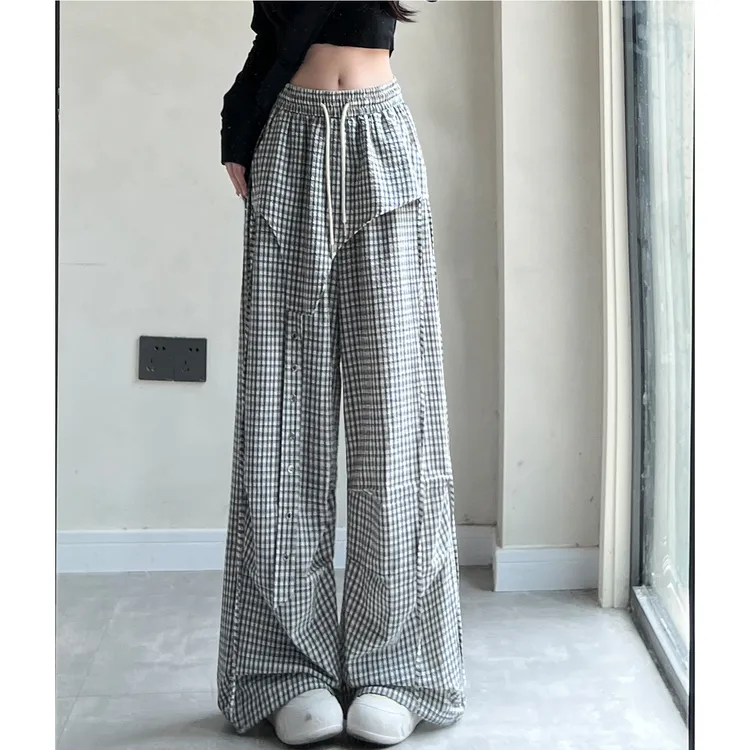 美式屁帘格子工装裤女夏季2025新款高腰显瘦百搭休闲裤宽松阔腿裤