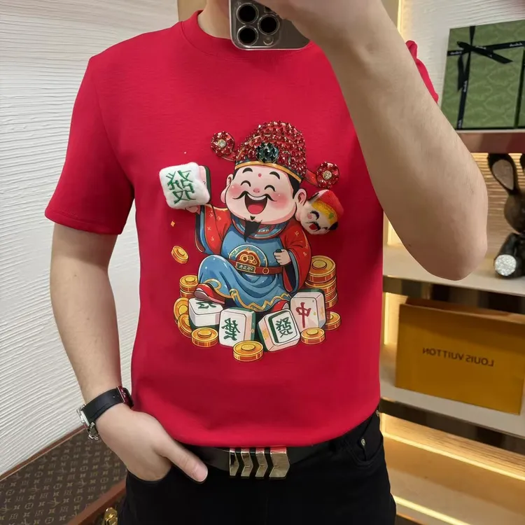 新年款情侣款财神爷半袖厚款百搭时尚重工串珠立体个性上衣T恤衫