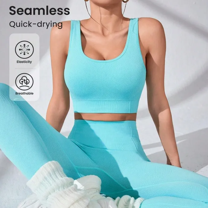 新款无缝锦氨高弹吸湿排汗瑜伽套装跑步健身普拉提文胸长裤女
