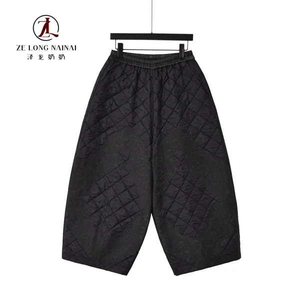 798菱格暗绣棉裤女冬季宽松显瘦阔腿裤复古刺绣保暖夹棉裤
