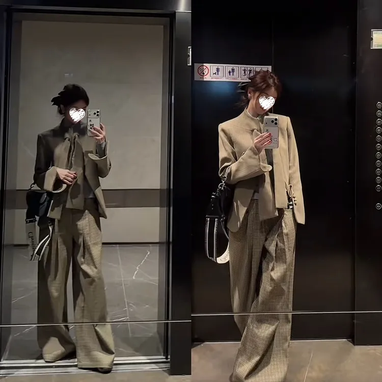 秋冬新款复古格纹休闲裤女高腰显瘦百搭直筒阔腿长裤子 82255