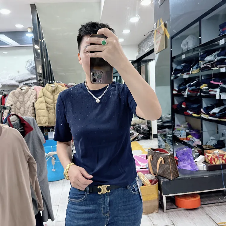 秋装新款舒爽棉亮钻3色短袖正肩上衣7817品