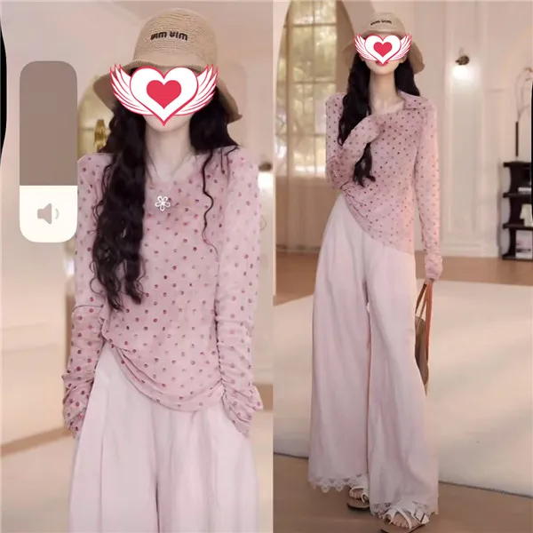 2025夏季百搭波点收腰长袖防晒T恤+松紧腰蕾丝下摆直筒裤套装女