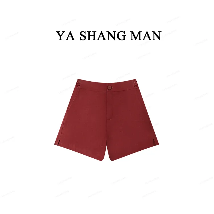 YASHANGMAN“海岸小岛”夏季亚麻百搭纯色A字显瘦短裤25923