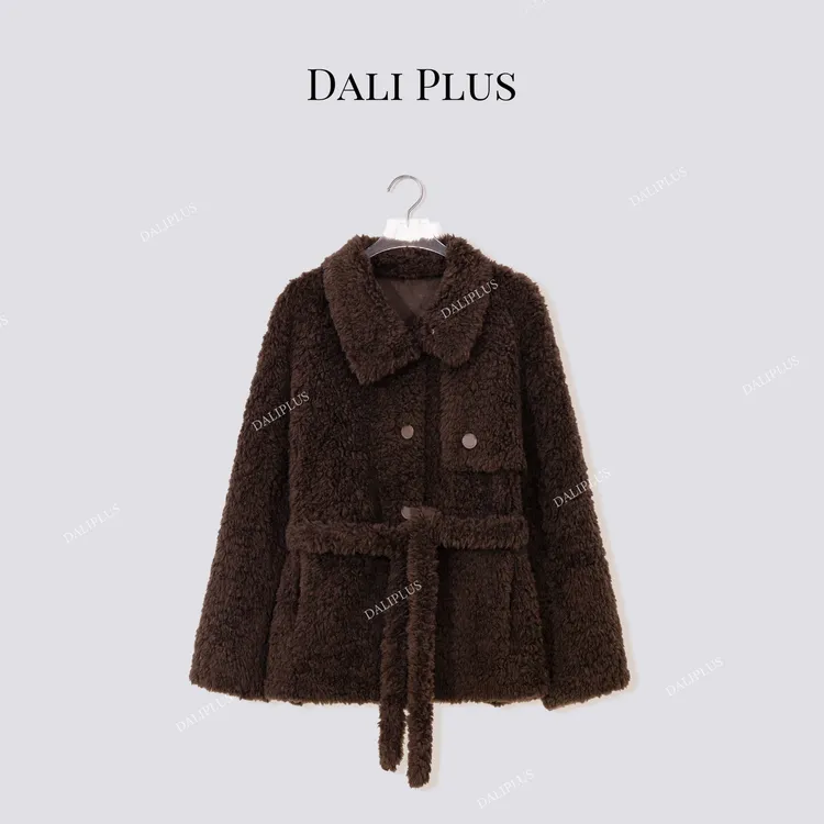 DALI PLUS“100羊毛风衣版颗粒毛”乌木色收腰保暖外套-D5MM3149