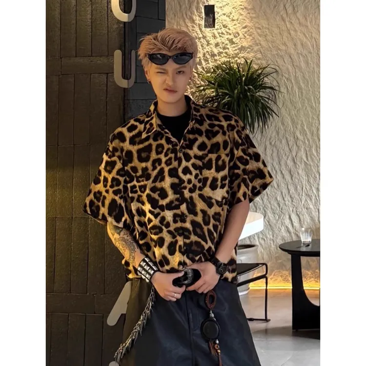 美式复古豹纹花衬衫短袖男款夏季冰丝透气衬衣垂感oversize薄外套