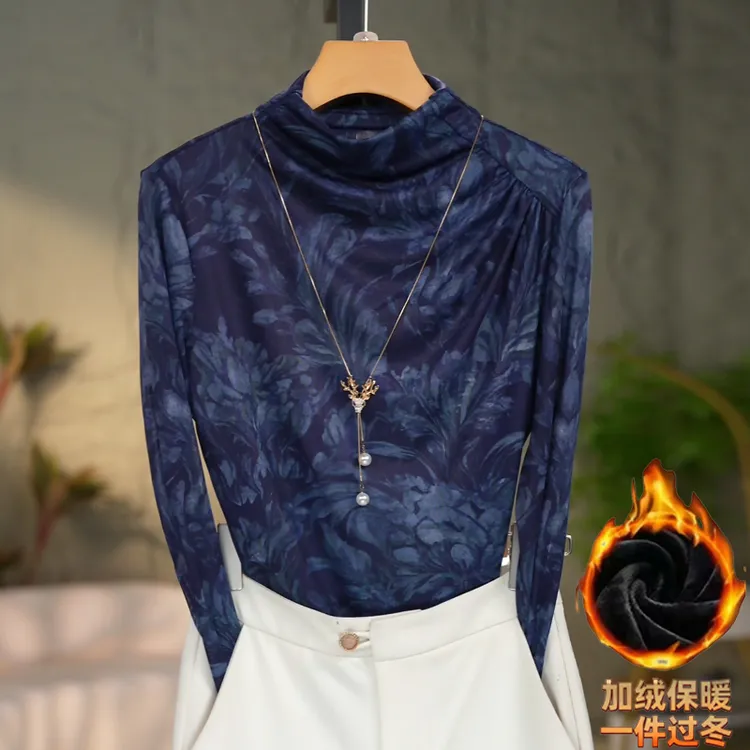 587#洋气高贵半高领打底衫上衣百搭可外穿网纱印花显瘦长袖T恤