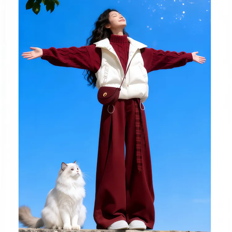 SHALLDOER【暖焰廓形】红色套装女士2025棉服针织上衣阔腿裤三件套