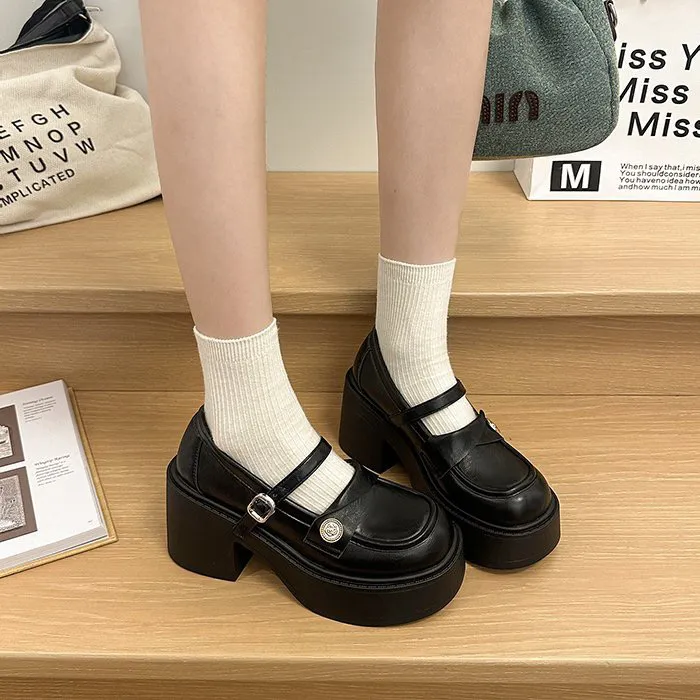 玛丽珍鞋高跟皮鞋日系金属单鞋黑色法式鞋子厚底复古中跟