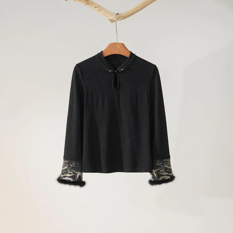 西子/【千秋雪】羊毛针织提花新中式拼水貂毛刺绣上衣/SYTJ537