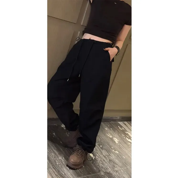 《少女工装裤》秋季90636抽绳高腰直筒休闲裤百搭女裤宽松