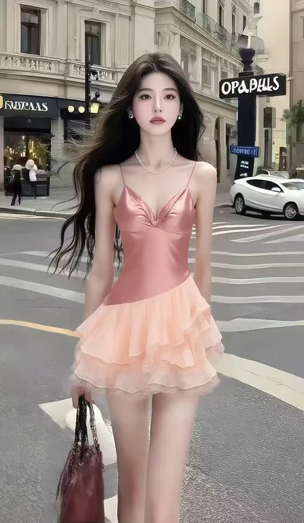 轻奢小众千金风粉色V领吊带修身收腰不规则连衣裙女显瘦气质短裙