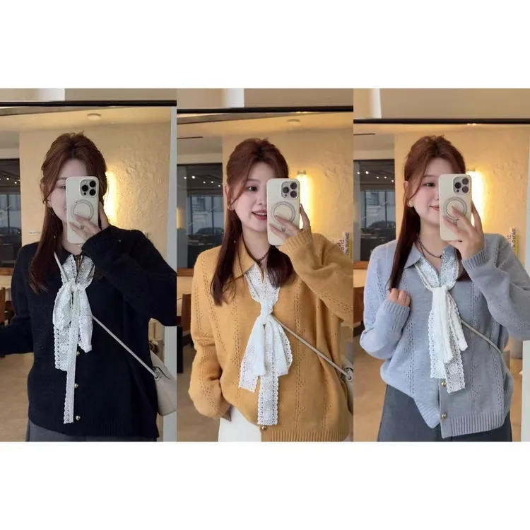 晶咕佳佳【十字街语】蕾丝系带拼接翻领毛衣甜美休闲宽松百搭舒适