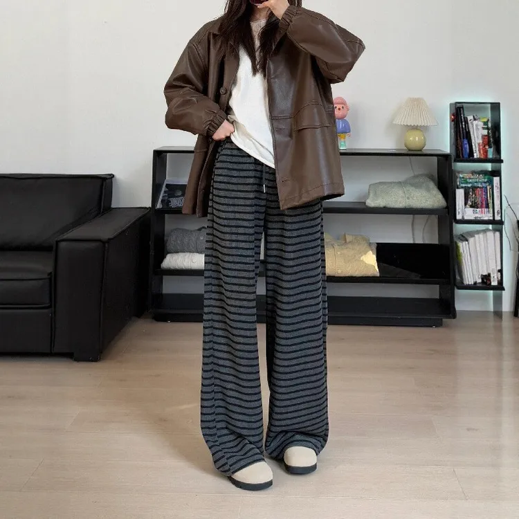 慵懒风抽绳条纹休闲裤女大码胖mm秋季小个子宽松高腰垂感阔腿裤子