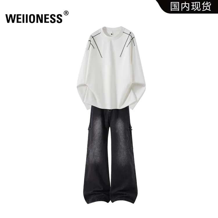 WEIIONESS美式长袖T恤套装男秋季设计感上衣高街工装牛仔裤两件套