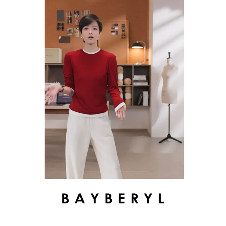 BAYBERY老贝灵芝2.0*假两件圆领柔弹百搭秋长袖T恤NT4I2724-10/12