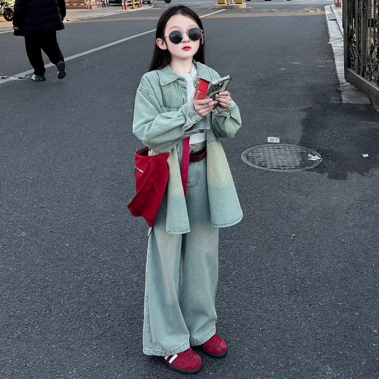 女童春季牛仔套装休闲时髦中大童2025新款儿童外套裤子两件套