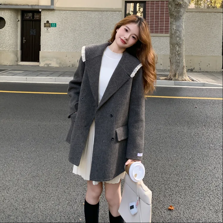 灰色海军领双面呢羊毛外套女2025冬季新款小个子韩系显瘦短款大衣