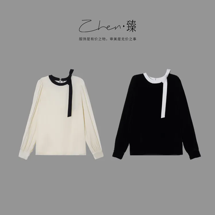 ZHEN.臻 千金设计师圆领蝴蝶结时尚显瘦高档真丝丝绒衬衫SY9478Z