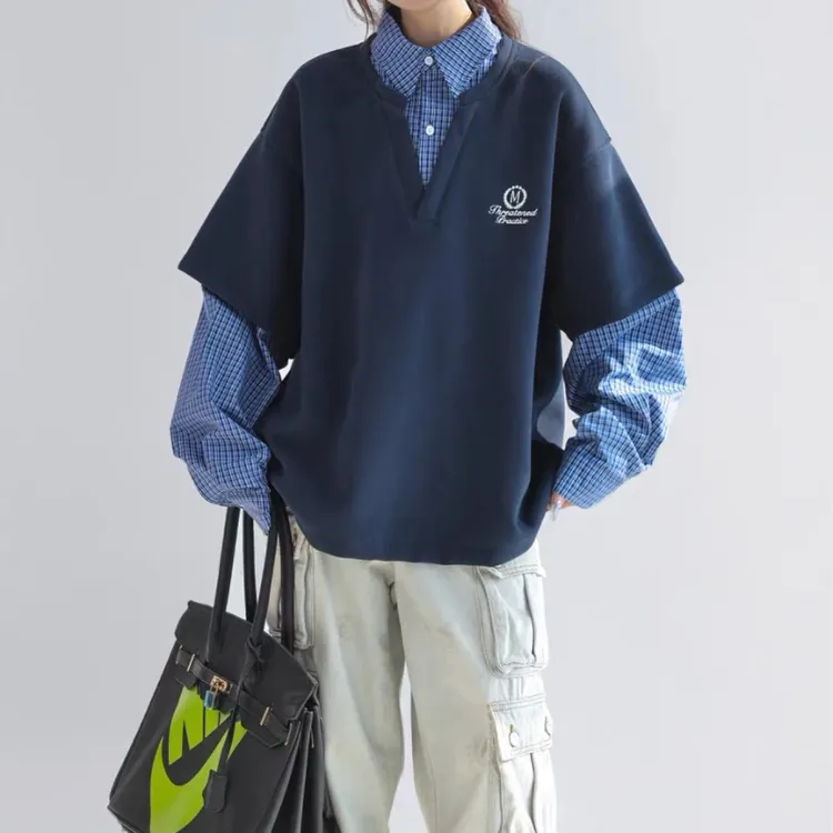 美式复古百搭格子拼接假两件卫衣男女衬衫领polo上衣