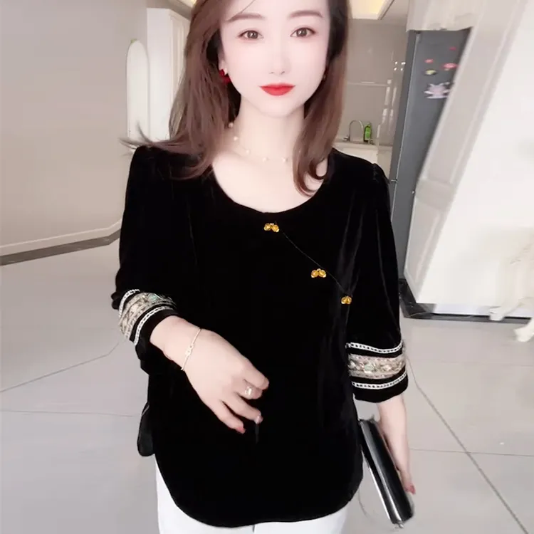 秋季新款复古风丝绒打底衫遮肉显瘦减龄上衣气质洋气百搭T恤女装