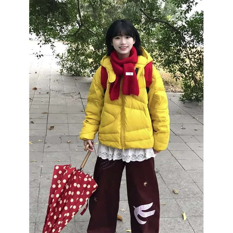 黄色连帽羽绒服女冬季小个子宽松加厚保暖短款90白鸭绒面包服外套