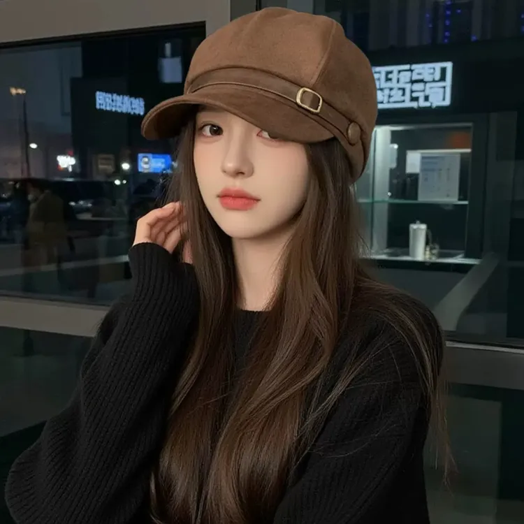 美拉德复古麂皮绒贝雷帽假发一体长直发女秋冬高品质显脸八角帽子