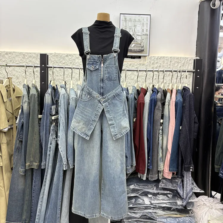 K9039欧洲站秋季新款设计感不规则小众工装牛仔背带裤阔腿长裤女