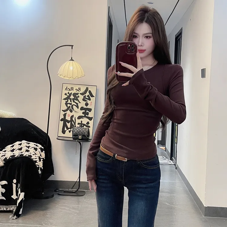 2025新款秋冬纯色内搭慕斯双面绒长袖圆领修身显瘦收腰T恤女1072