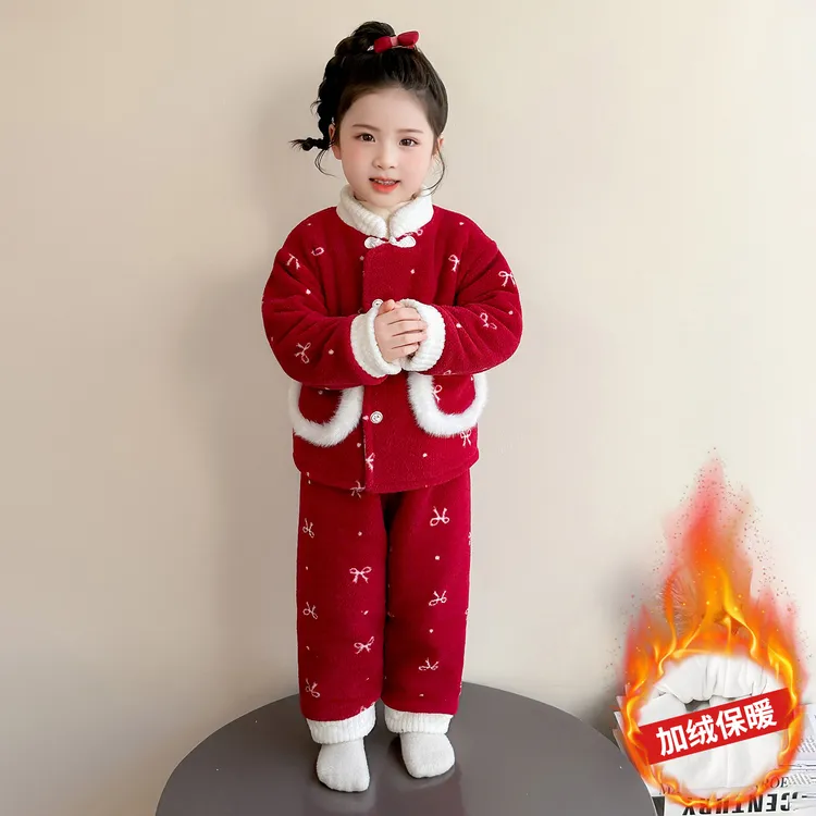 女童珊瑚绒睡衣套装2025新款冬三层加绒加厚保暖儿童家居服可外穿