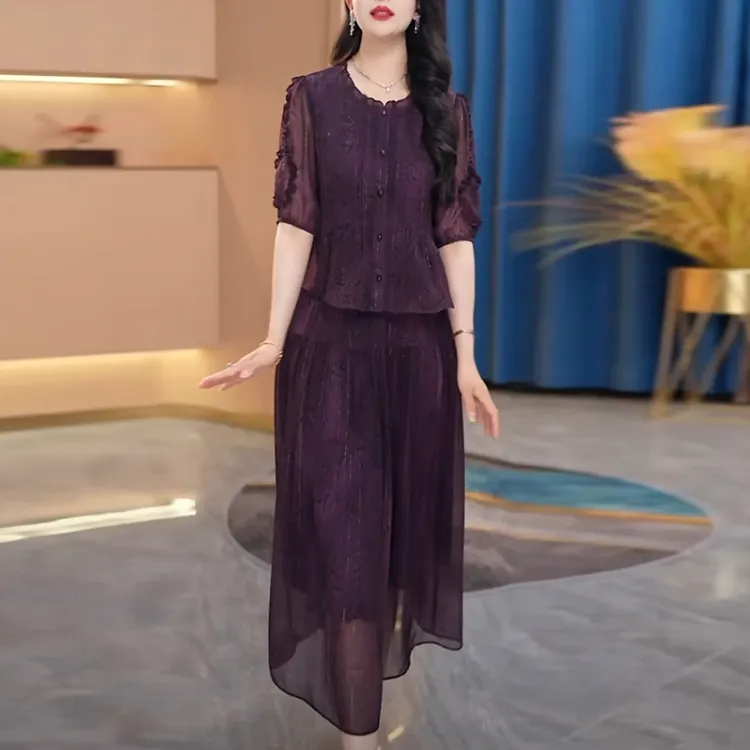 轻羽丝减龄高贵女装2025夏季新款紫色遮肉显瘦假两件短袖连衣裙子