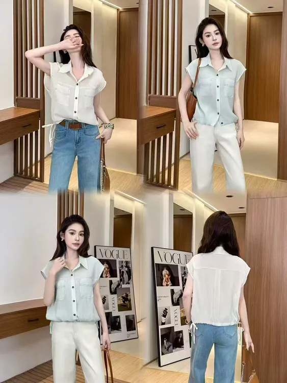 5332夏季新款时尚翻领短袖衬衫女设计感别致下摆抽绳宽松上衣