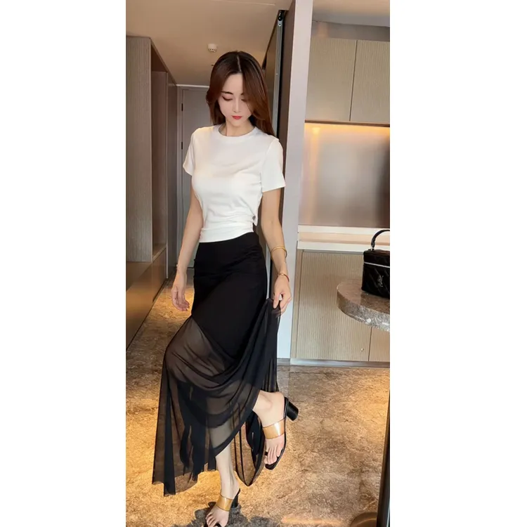 名媛风气质洋气后背系带蝴蝶结上衣女中长款设计感网纱拼接长裙