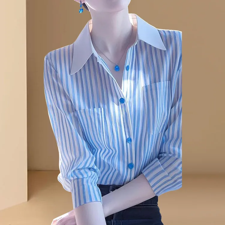 蓝色polo领条纹长袖衬衫衬衣女2025新款春秋季韩系高级感气质上衣