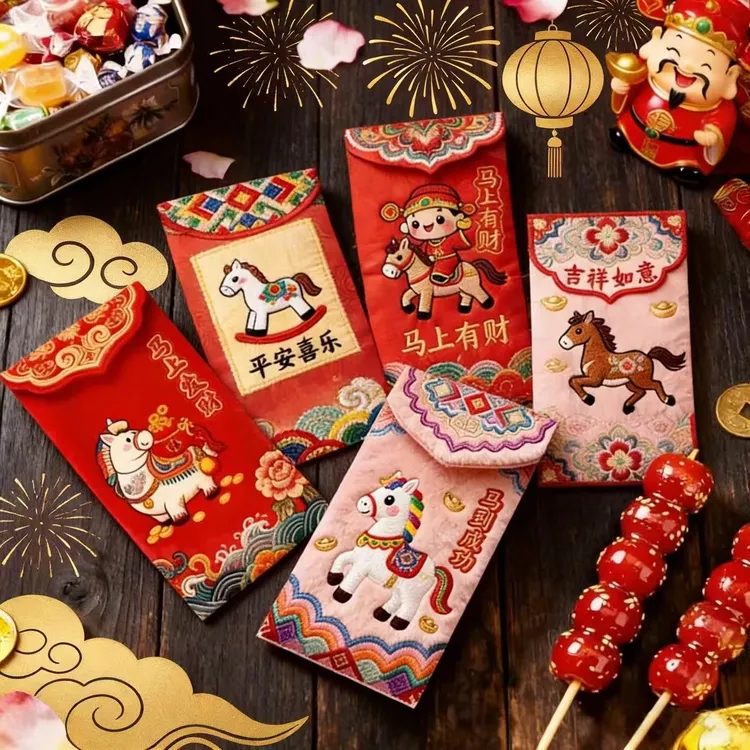 马年平面款创意红包2026立体刺绣风格中式利是封卡通新年压岁春节