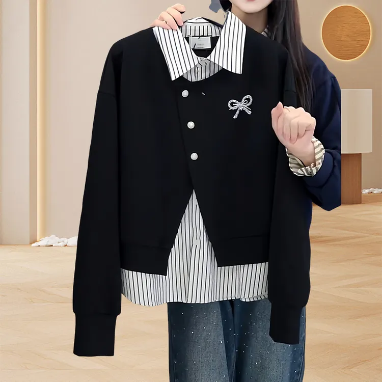 假两件拼接翻领卫衣女春秋新款气质减龄休闲风蝴蝶结条纹长袖上衣