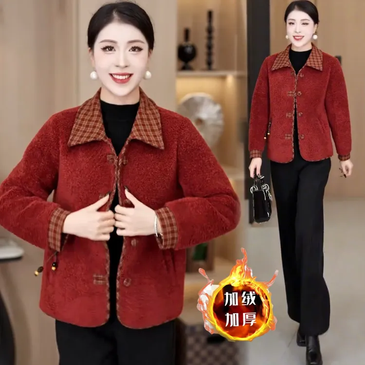 冬季妈妈装加绒加厚翻领短外套女新款轻熟风宽松休闲百搭保暖夹克