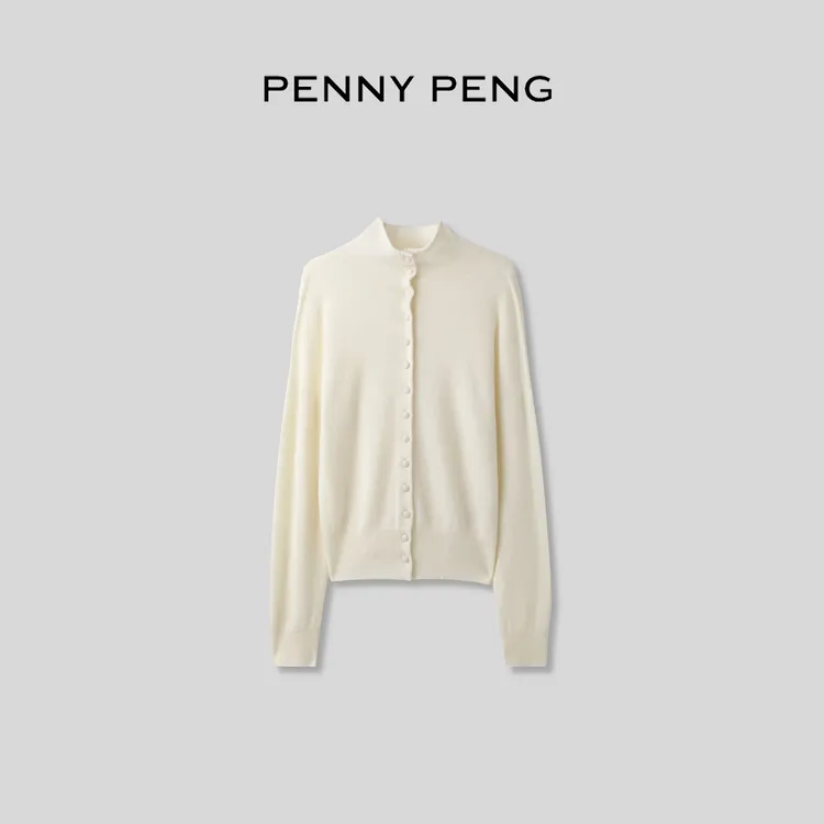 PENNYPENG 纽扣印章 静奢慵懒风基础简约高领羊毛羊绒开衫秋新品