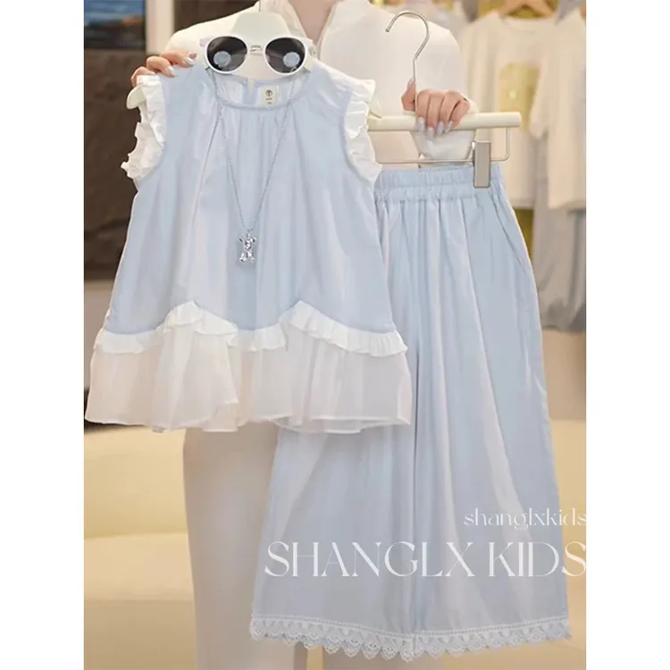 2025新款夏季甜美女童蓝色背心裙套装时尚百搭蕾丝边休闲套装