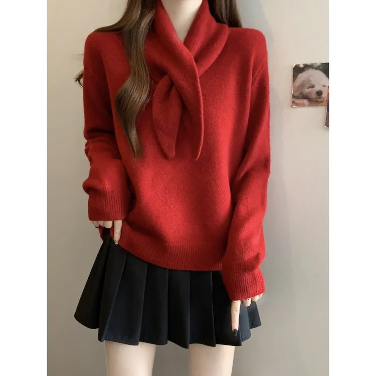 红色针织衫女装秋冬2025年新款大码胖mm宽松遮肚子毛衣上衣